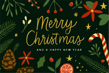 Merry Christmas and Happy New Year greeting card background with winter holiday decoration, gold balls, ribbon, vector art, and festive snow stars