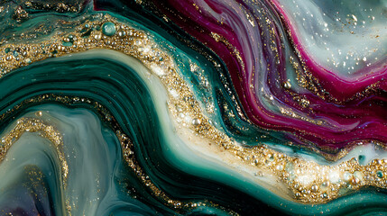 Gold and teal bubbles form an intricate pattern. Burgundy waves and sparkling gold balls create a luxurious style. Abstract forms evoke a sense of precious materials.