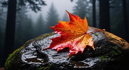 Vibrant maple leaf rests on a wet rock surface with a blurred forest background