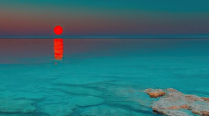 Vivid sunset reflection on tranquil water surface.