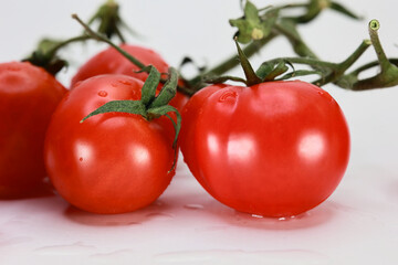 Close Up Of Ripe Tomatoes Attached To The Stem. Water Droplets Highlight The Freshness Of This Healthy Vegetable.