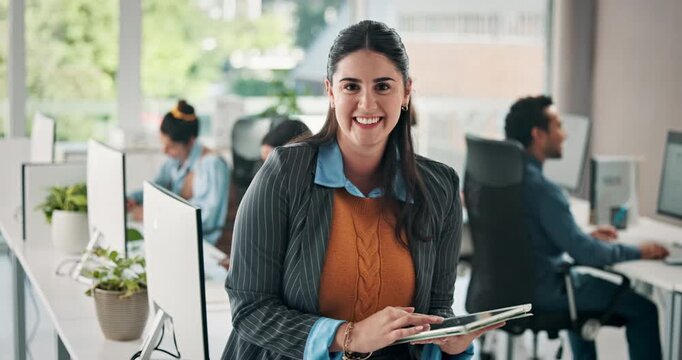 Happy woman, face and project manager with tablet in agency for company management in office. Portrait, female person or coordinator with smile, team or technology for performance review in workplace