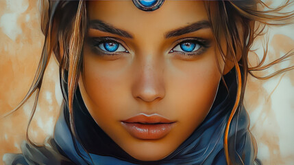 An artistic portrait of a girl in a fantasy style with incredibly bright blue eyes. 