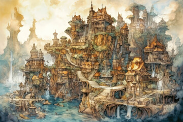 Fototapeta premium A watercolor fantasy illustration of a coastal town built on cliffs and bridges. 