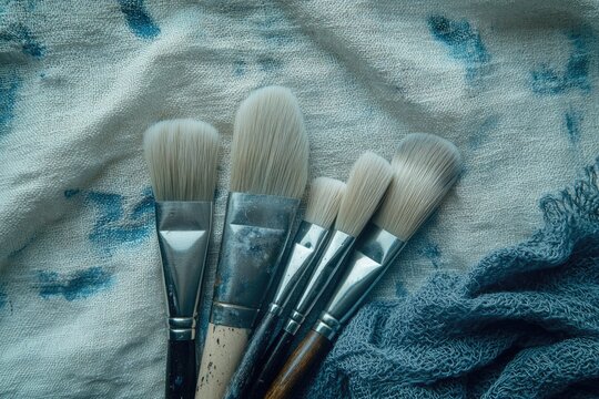 Clean artist paintbrushes with white bristles rest on a paint-splattered canvas and a dark blue textile, emphasizing art, creativity, and tools.
