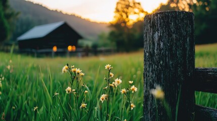 Rustic wooden fence foregrounds a pastoral landscape at sunset.