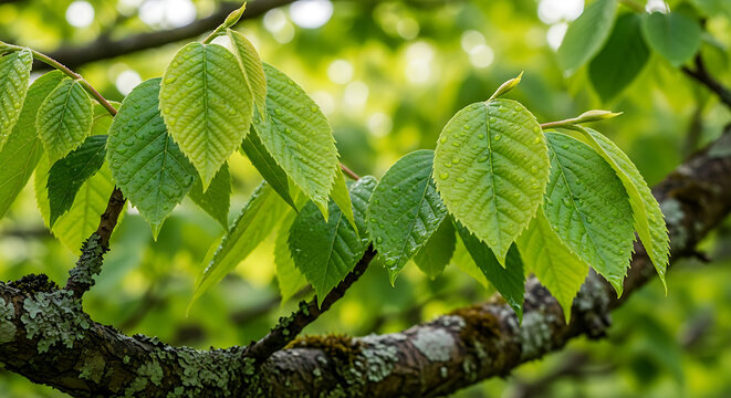 Fresh green leaves glistening with raindrops on a tree branch create a vibrant, natural spring scene, ideal for nature lovers and botanical designs