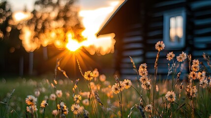 Golden sunset illuminating a rustic cabin nestled amongst wildflowers.