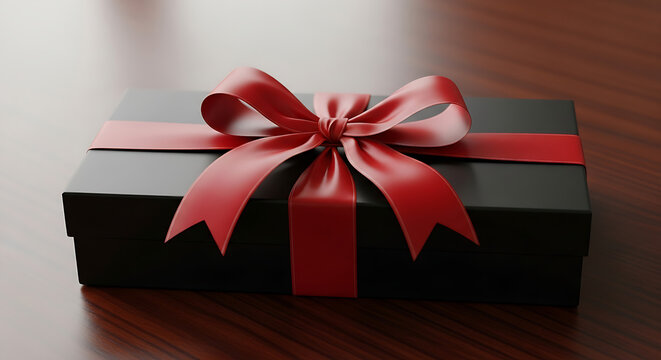 Elegant surprise with a luxurious black gift box and a vibrant red ribbon for special occasions and celebrations, perfect for thoughtful gifting experiences - Powered by Adobe