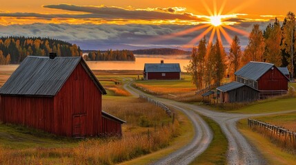Rustic farm buildings on a country road at golden sunset.