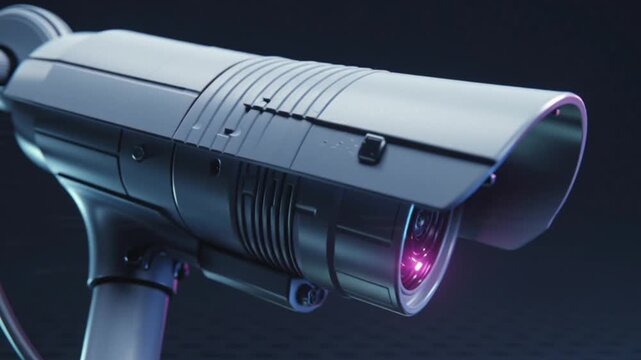 Futuristic AI Video Surveillance Camera in a Dark Cyberpunk Environment with Cinematic Lighting, Precision Optics, Smart Monitoring, and High-Tech Security Watching Every Move in Silent Vigilance