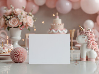 Invitation Card Mockup with Pink Unicorn Birthday Party Decor and Elegant Floral Background for Celebration Designs
