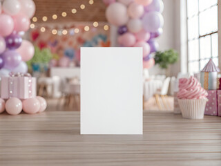 Invitation Card Mockup with Pastel Balloon Party Decor and Festive Celebration Background for Birthday Event Designs