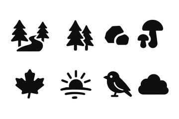 Fototapeta premium Woodland Icon Set. Woodland Path. Filled icon set of Woodland Path: forest path, pine trees, rocks, mushrooms,