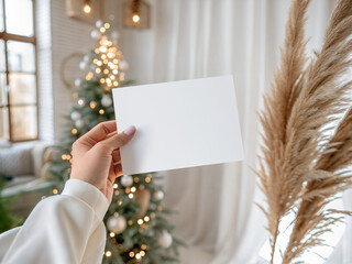 Christmas Card Mockup Held by Hand with Festive Tree Bokeh and Neutral Pampas Decor in Cozy Interior © TatiMockups