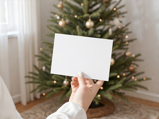 Handheld Horizontal Christmas Card Mockup with Soft Golden Lights and Elegant Festive Tree Background