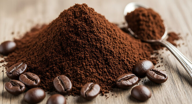 Rich roasted aroma: Freshly ground coffee mountain and beans ready to brew, evoking cozy mornings and vibrant energy for coffee lovers everywhere