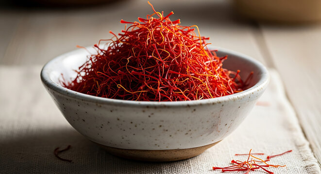 Exquisite saffron threads overflowing in rustic ceramic bowl, culinary spice for gourmet dishes and healthy recipes with earthy aroma and vibrant color