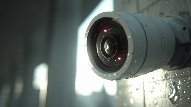 Futuristic AI Video Surveillance Camera in a Dark Cyberpunk Environment with Cinematic Lighting, Precision Optics, Smart Monitoring, and High-Tech Security Watching Every Move in Silent Vigilance