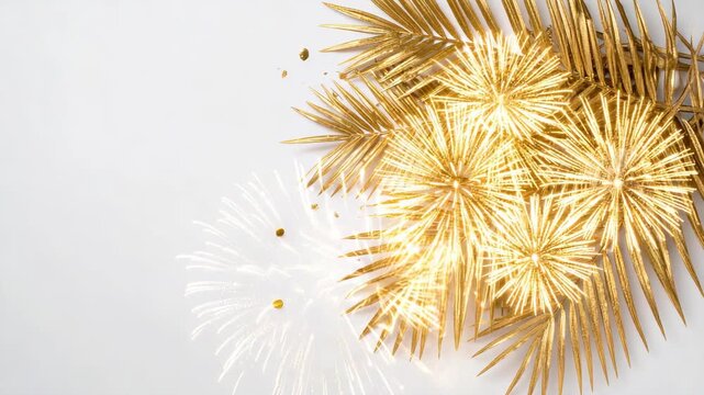 Golden palm leaves and firework explosions on a white background creating a festive and elegant design.