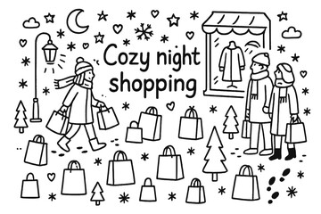 Cozy Night Shopping. Cozy night shopping. Hand-drawn doodle illustration of Cozy night shopping. People, store
