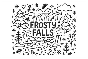 Obraz premium Frosty Falls Illustration. Frosty Falls. Hand-drawn doodle illustration of Frosty Falls. Waterfall, icicles,