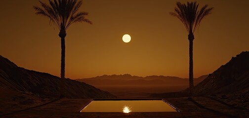 Golden hour serenity over a desert oasis pool.