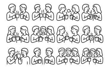 Obraz premium Holiday Drink Icons. Holiday drink chat. Line outline icon set of holiday drink chat: friends holding steaming