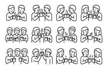 Obraz premium Festive Drink Icons. Festive hot drinks. Line outline icon set of festive hot drinks: friends holding mugs,