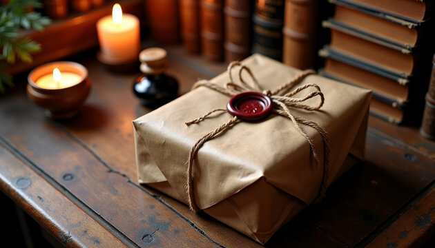 Vintage gift wrapped in brown paper with wax seal and twine on a wooden desk with books