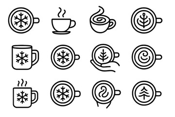 Winter Latte Art Icons. Winter latte art icons. Line outline icon set of winter latte art icons: cup of latte