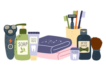 Men’s bathroom essentials — shaving razor, electric shaver, soap dispenser, toothpaste, dental floss, toothbrushes in a cup, aftershave bottle, and folded towels. Grooming items, male hygiene supplies