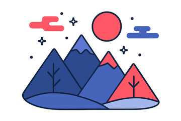 Serene Mountain Geometry. Serene mountain night. Monoline geometric mountains, full moon, subtle floating