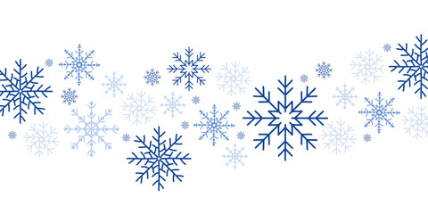 Blue snowflakes border illustration — winter background with various snowflake shapes in different sizes. Frozen icy design, cold seasonal decoration, Christmas and New Year theme. Perfect for holiday