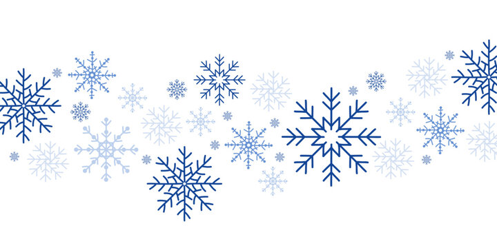 Blue snowflakes border illustration &mdash; winter background with various snowflake shapes in different sizes. Frozen icy design, cold seasonal decoration, Christmas and New Year theme. Perfect for holiday