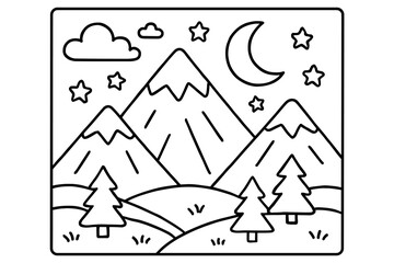 Fototapeta premium Mountain Night Coloring. Peaceful mountain night children’s coloring book illustration, outlined drawing,