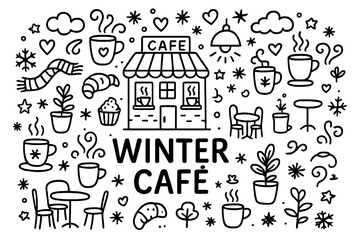 Obraz premium Winter Café Doodle. Winter Café. Hand-drawn doodle illustration of Winter Café. Café building, windows with