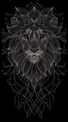 Obraz premium Majestic lion head in a symmetrical line art style. Vertical abstract graphic illustration on a black background symbolizing power and royalty