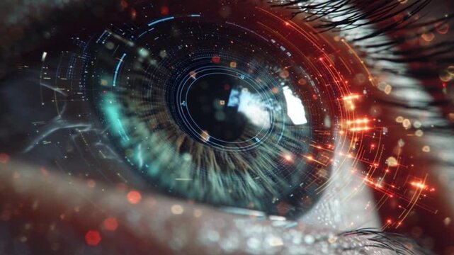 Futuristic Eye Retina Scanning System with Immersive Cyber Graphics and Glowing HUD Interface Showcasing Advanced Biometric Security, AI Surveillance Technology and Sci Fi Vision Identification