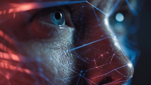 Futuristic Facial Recognition Biometric AI System with Holographic Cyberpunk Interface, Scanning Identity Through Neural Network Data Analysis and Augmented Reality HUD Visualization Display Grid - Powered by Adobe