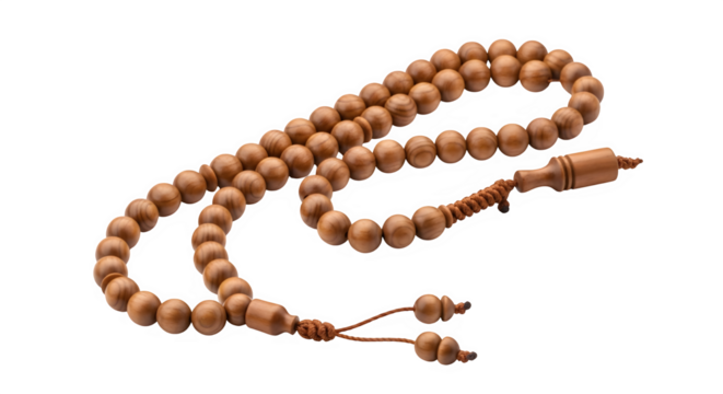 Traditional wooden prayer beads, tasbih or misbaha, for spiritual meditation, isolated on transparent background