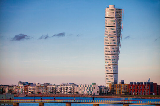 17.10.2019, Sweden Malm&ouml;, Turning torso cityscape with blue sky at sunset