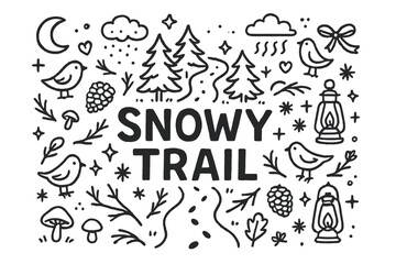 Snowy Trail Doodle. Snowy Trail. Hand-drawn doodle illustration of Snowy Trail. Trees, fog, footprints,