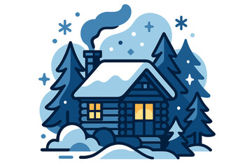 Fototapeta premium Cozy Winter Cabin. Cozy cabin in the woods. Small wooden cabin with glowing windows, surrounded by