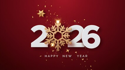 2026 Happy New Year text with golden snowflake on green background