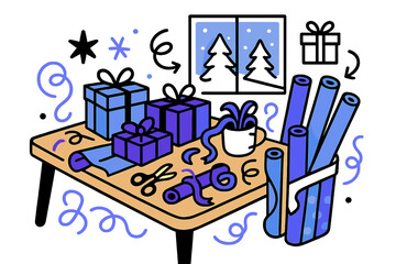 Naklejka premium Festive Wrapping Station. Festive wrapping station. Cozy table with holiday wrapping supplies, partially