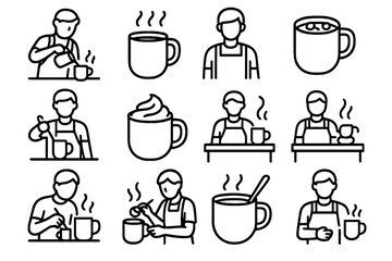 Hot Cocoa Icon Set. Hot cocoa preparation icons. Line outline icon set of hot cocoa preparation icons: barista