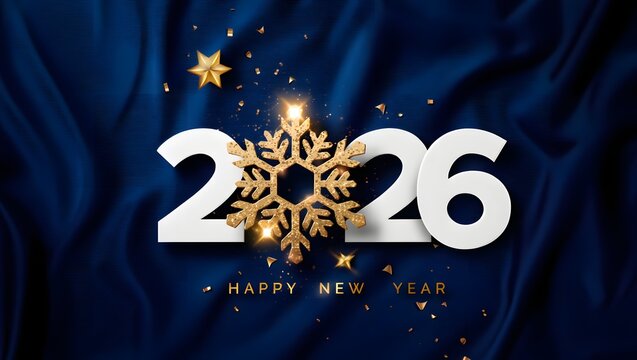 2026 Happy New Year text with golden snowflake on green background
