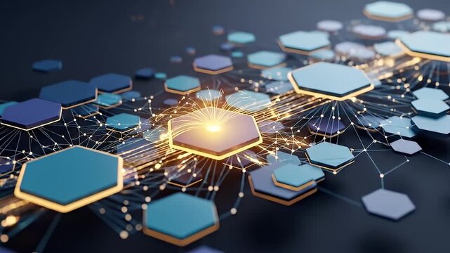 This dynamic 3D animation presents an abstract digital network composed of interconnected hexagonal nodes against a dark background. A central, brightly glowing hexagon pulses with intense energy, rad