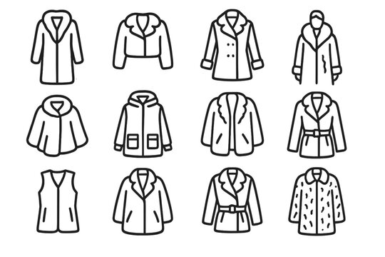 Winter Outerwear Icons. Winter outerwear icons. Line outline icon set of winter outerwear icons: long fur coat